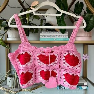 Sugar Thrillz Crochet Heart Crop Tank Top in Pink Red L/XL